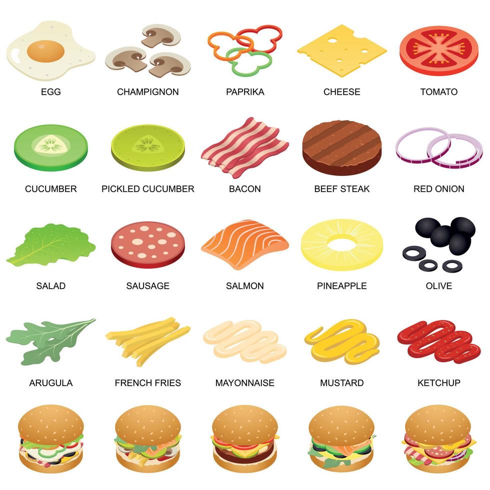 Burger ingredient icons set, isometric style vector