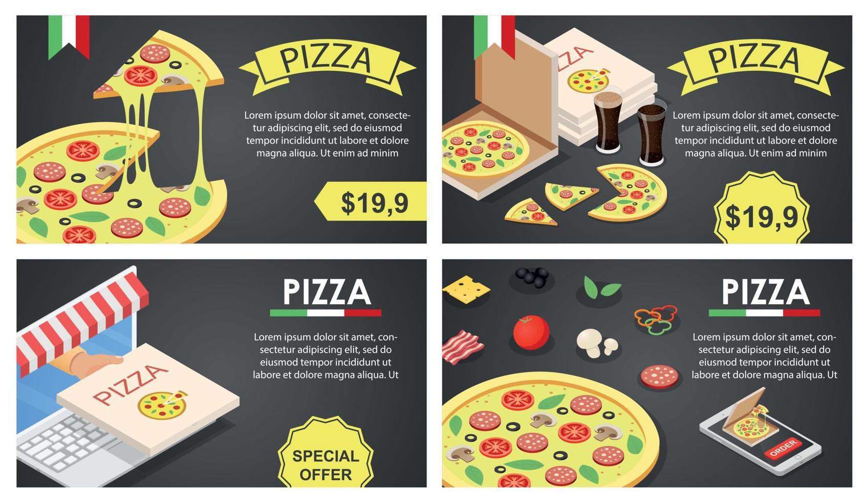 Pizza festival banner concept set, isometric style vector