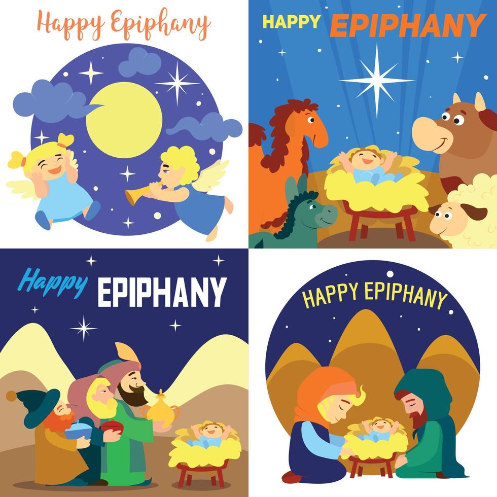 conjunto de banners de epifanía feliz, estilo de dibujos animados vector