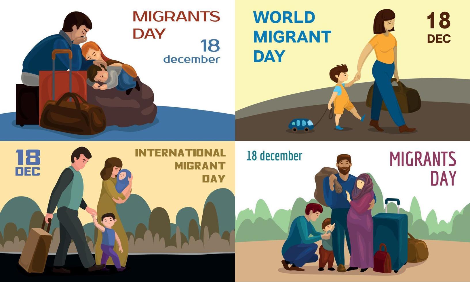 Migrant banner set, cartoon style vector