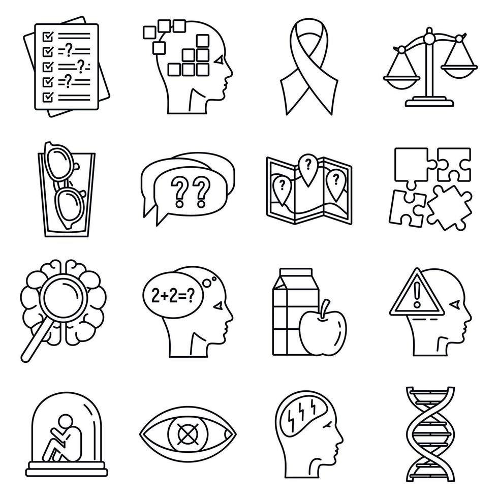 conjunto de iconos de la enfermedad de alzheimer envejecida, estilo de esquema vector