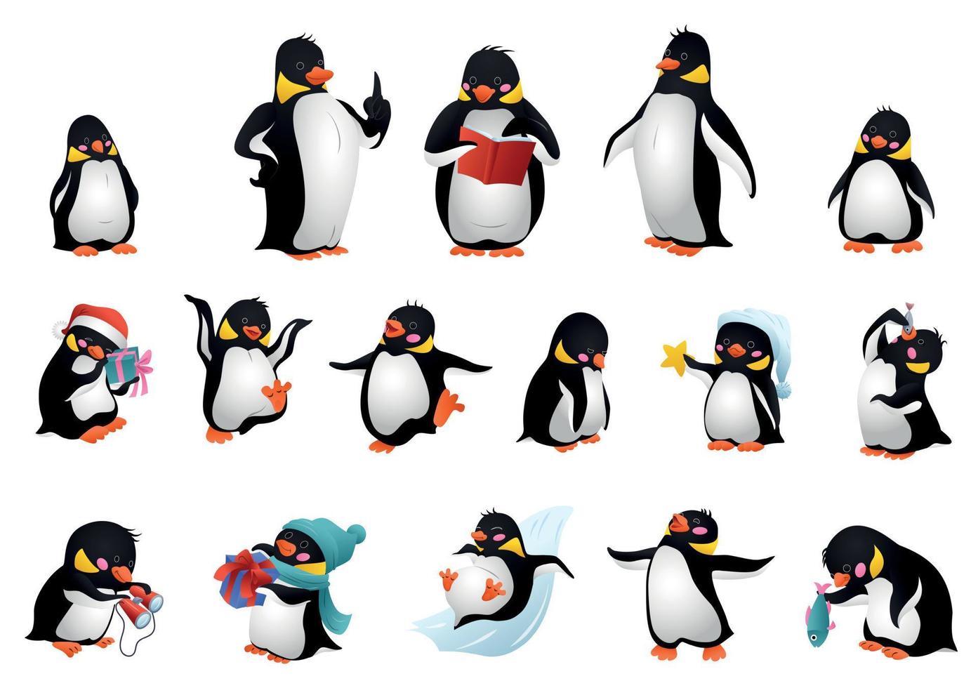 Penguin icons set, cartoon style vector