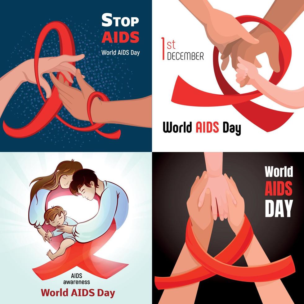 World aids day banner set, cartoon style vector