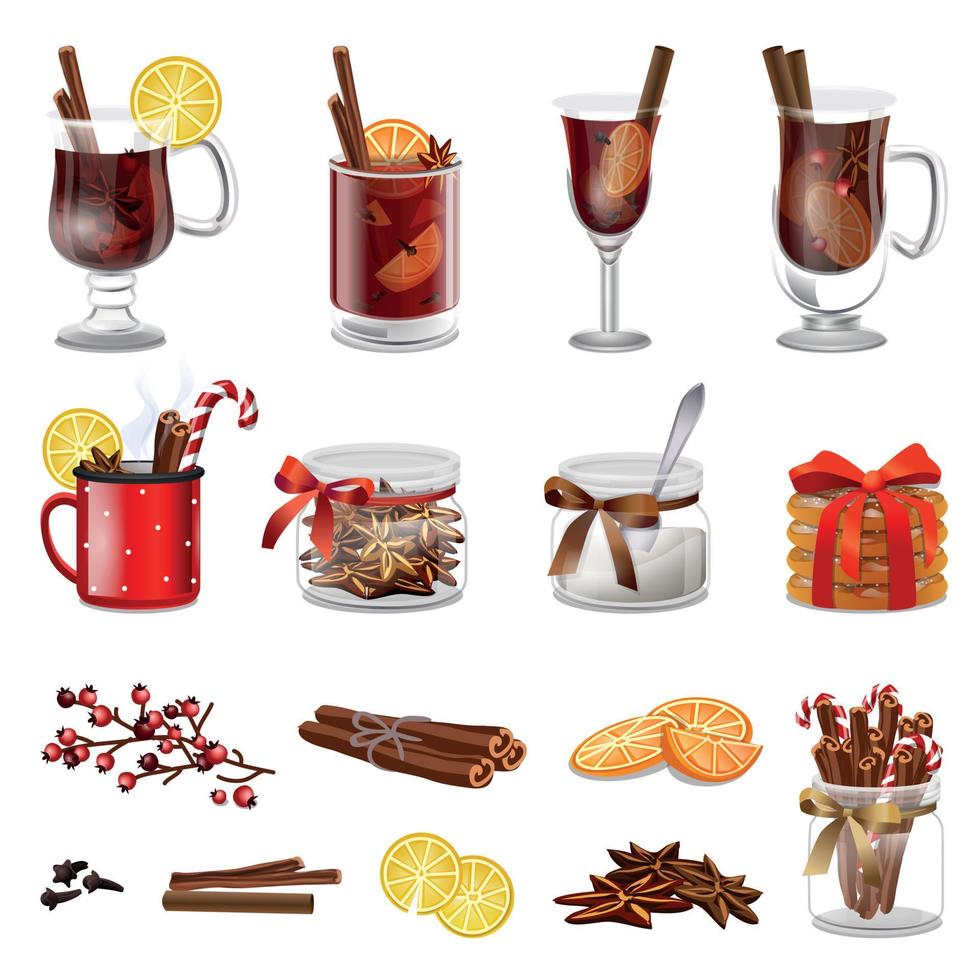 Mulled wine icons set, cartoon style vector