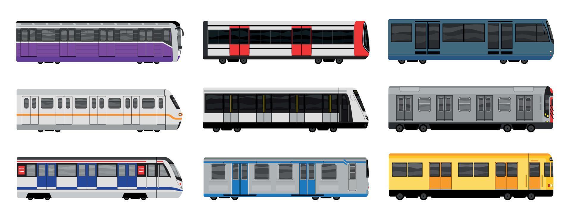 Subway train icons set, cartoon style vector