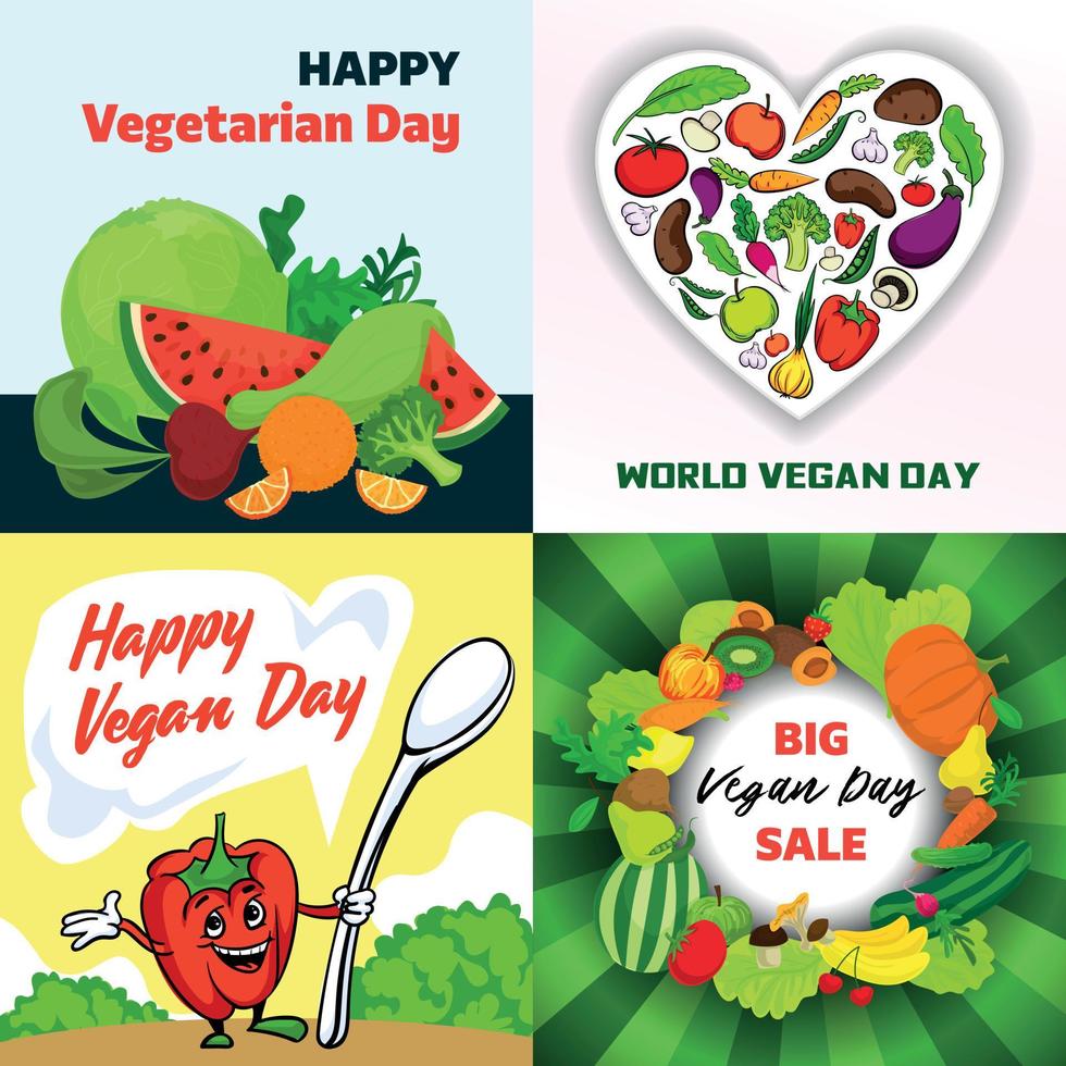 conjunto de banners del día vegano, estilo de dibujos animados vector