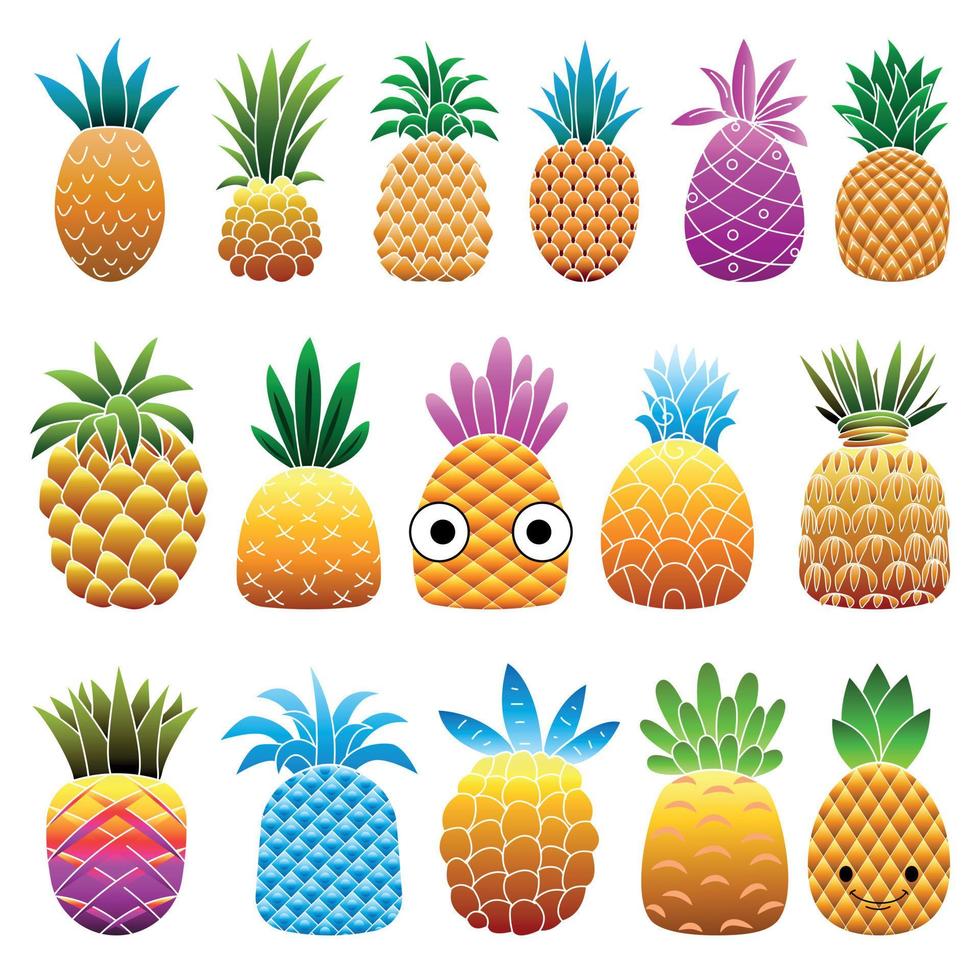 Pineapple icons set, cartoon style vector