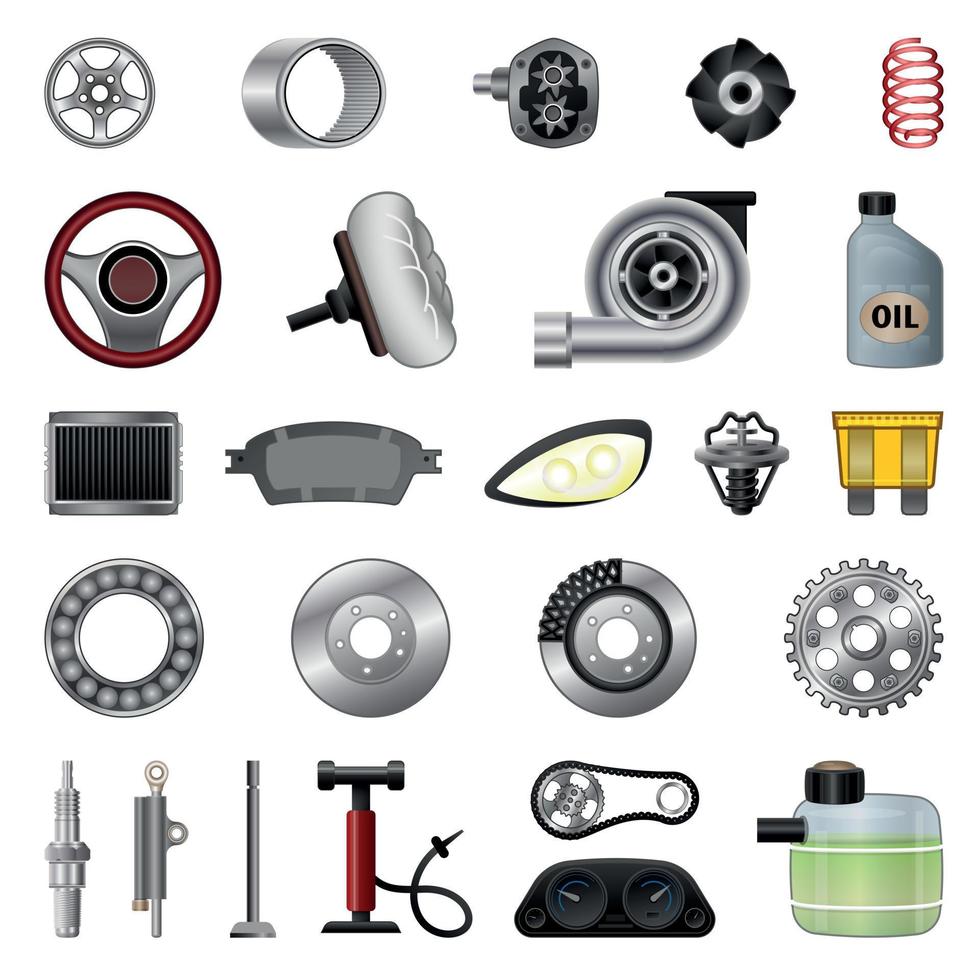 Car parts icons set, cartoon style vector