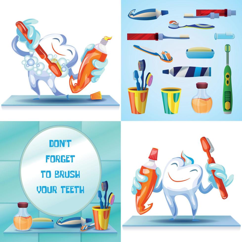 conjunto de banners de cepillo de dientes de limpieza, estilo de dibujos animados vector