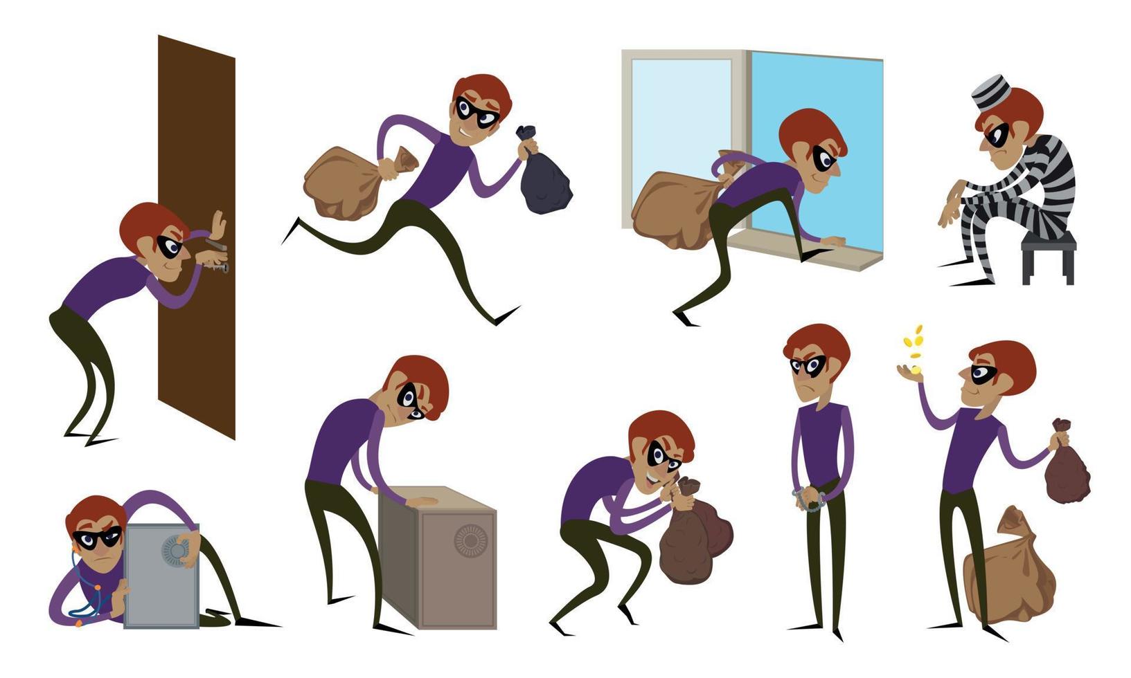 Burglar icons set, cartoon style vector