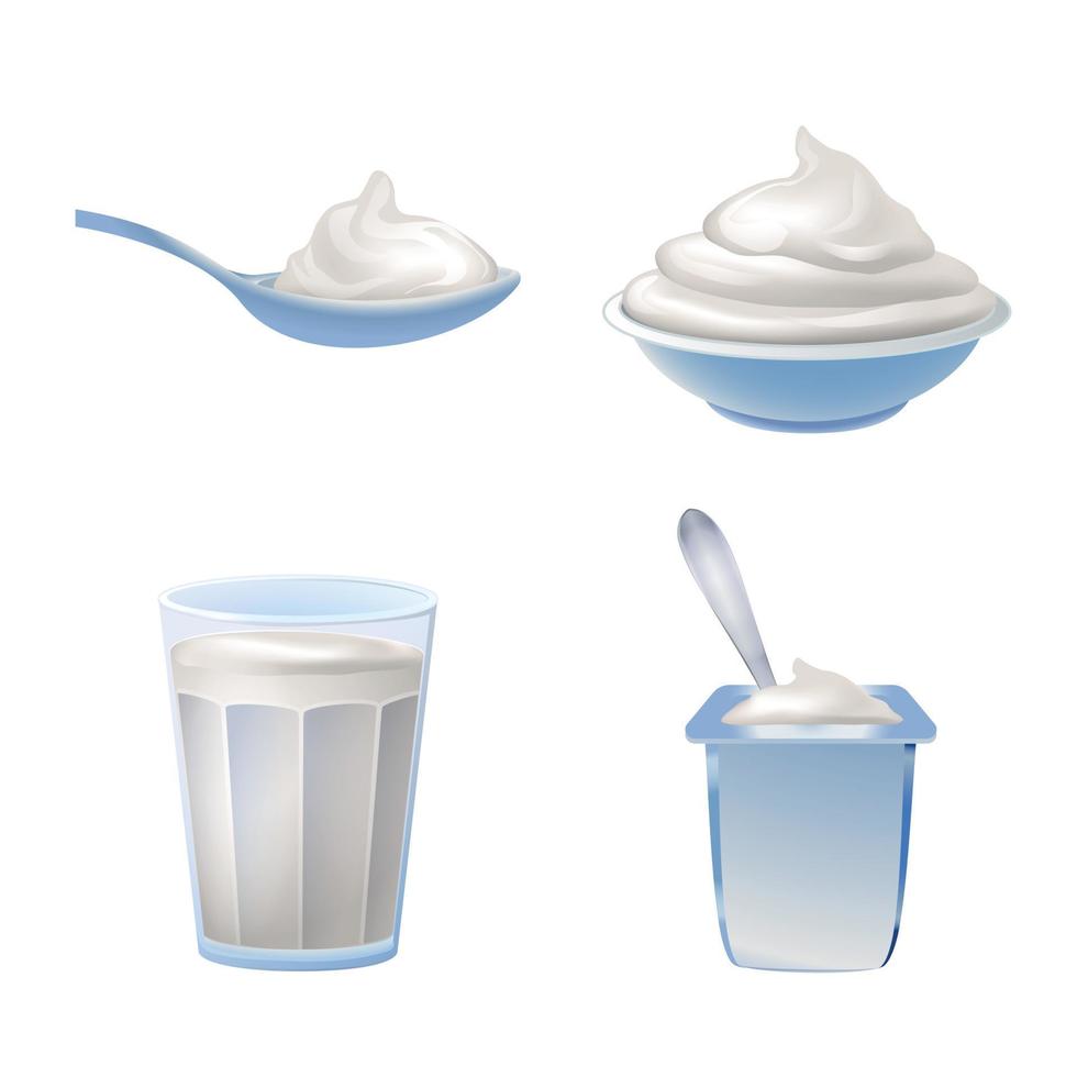 Yogurt icons set, cartoon style vector