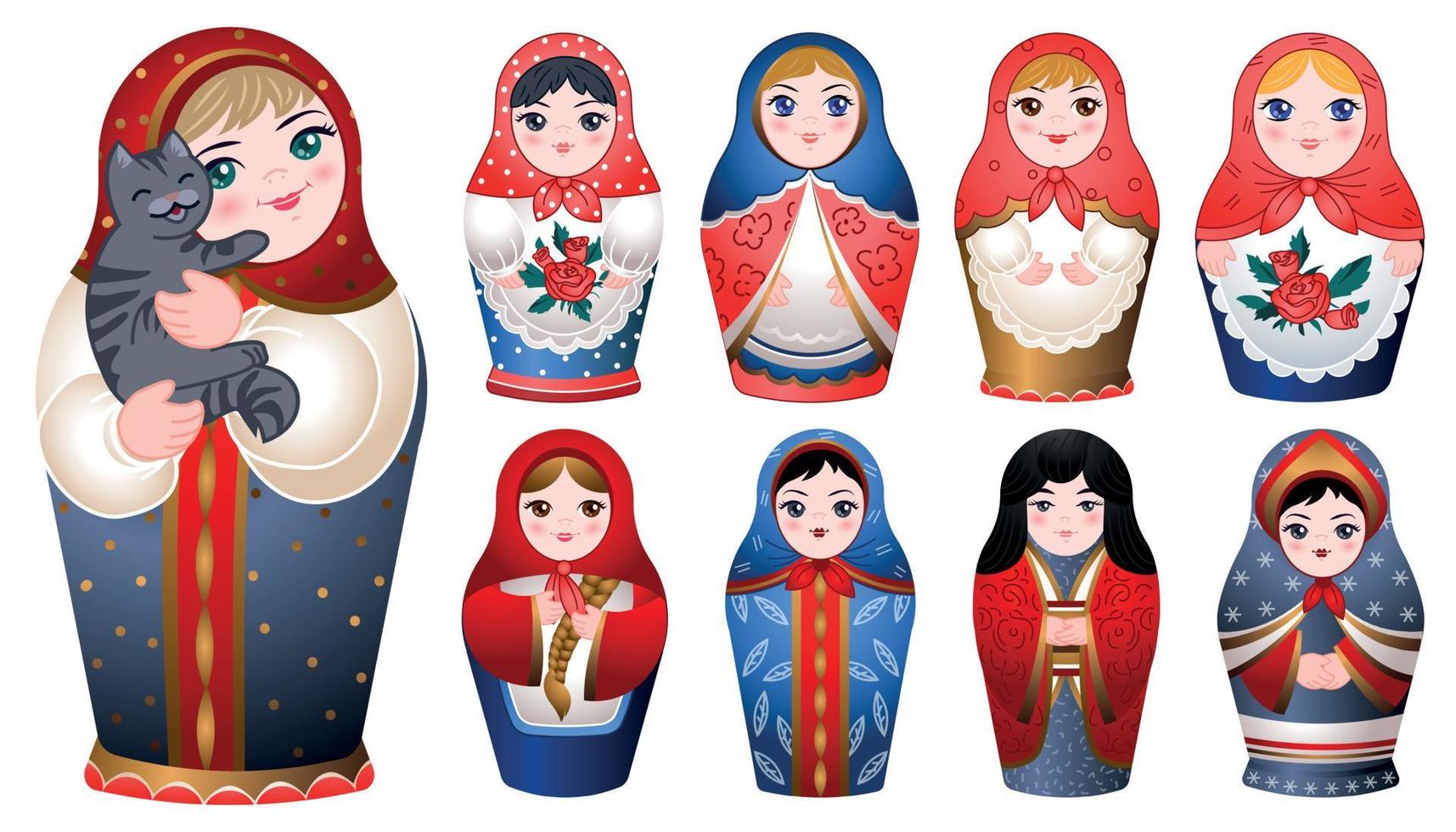 Nesting doll icons set, cartoon style vector
