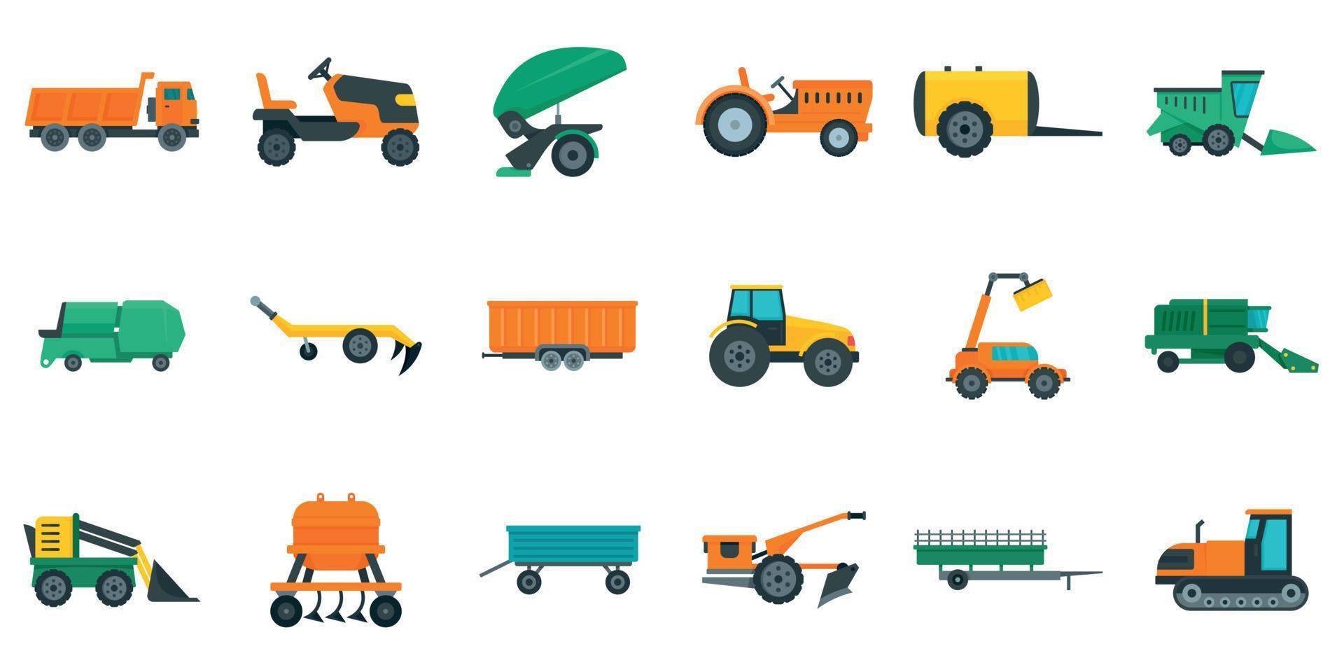 conjunto de iconos de máquinas agrícolas, estilo plano vector