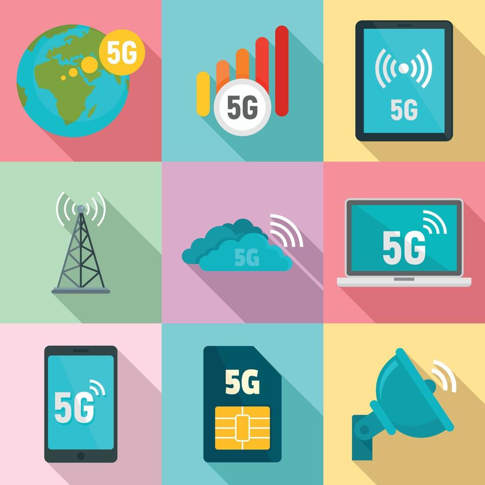 Conjunto de iconos de tecnología 5g, estilo plano vector