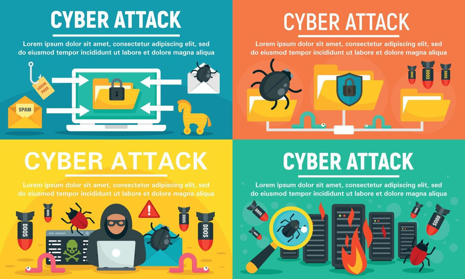 Modern cyber attack banner set, flat style vector