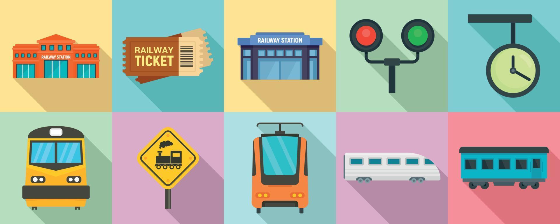 Railway station icons set, flat style vector