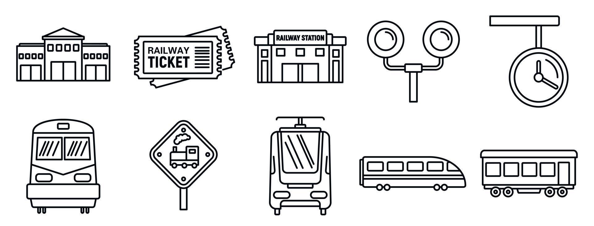 Railway train station icons set, outline style vector