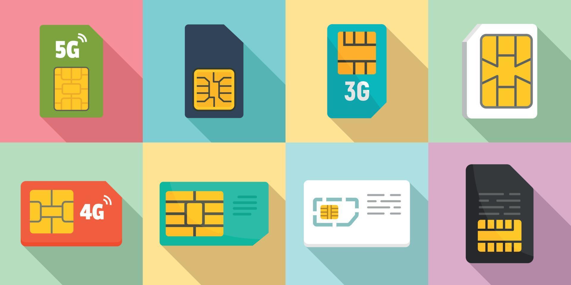 conjunto de iconos de tarjeta de teléfono sim, estilo plano vector