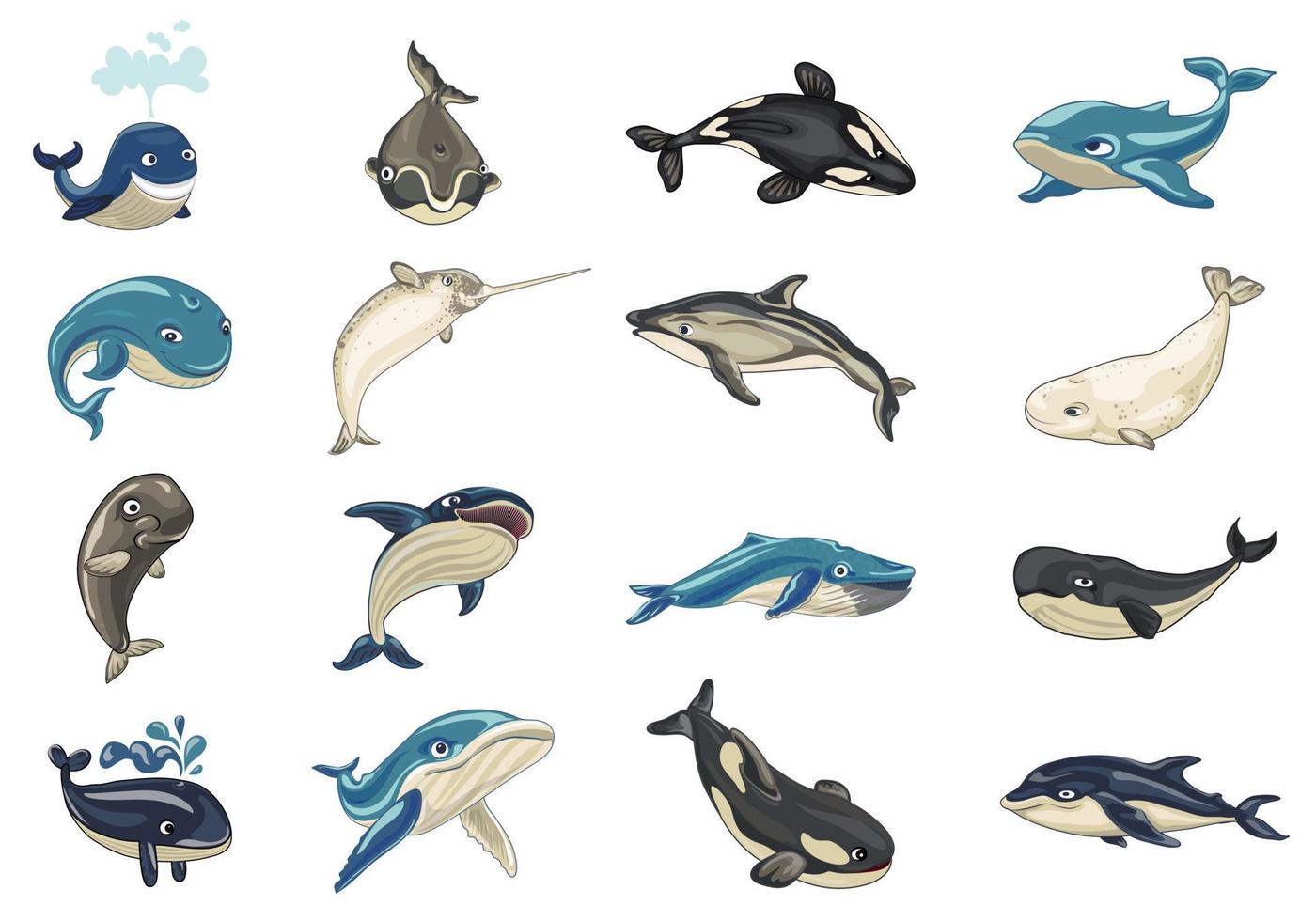 Whale icons set, cartoon style vector