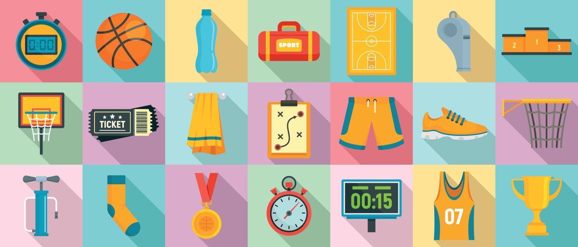 Basketball equipment icons set, flat style vector