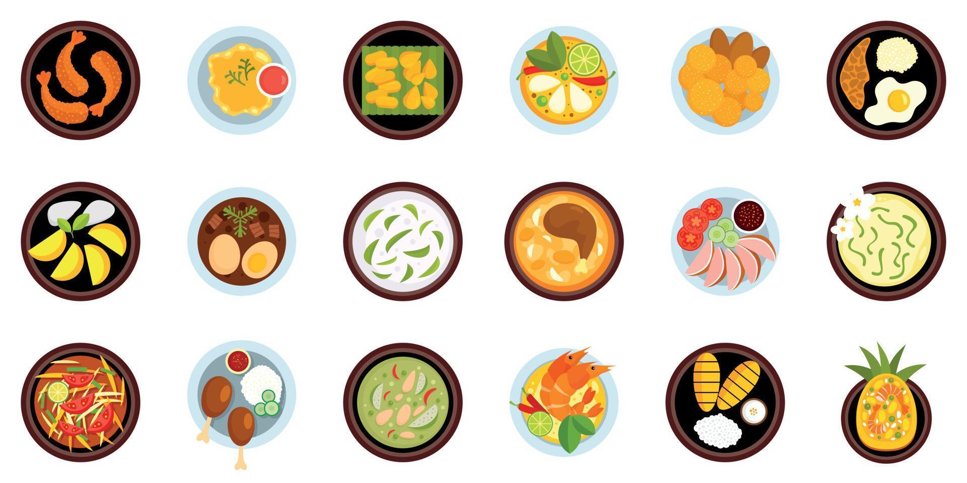 Thai food icons set, flat style vector