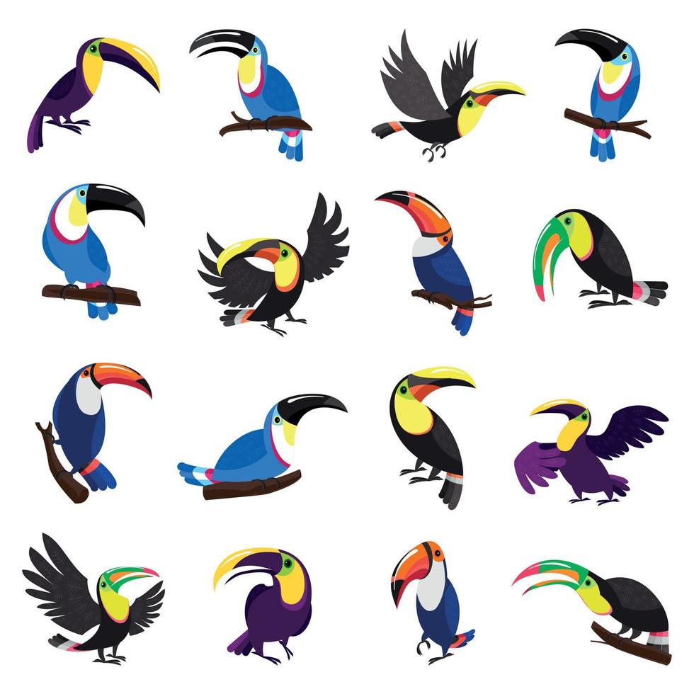 Toucan icons set, cartoon style vector