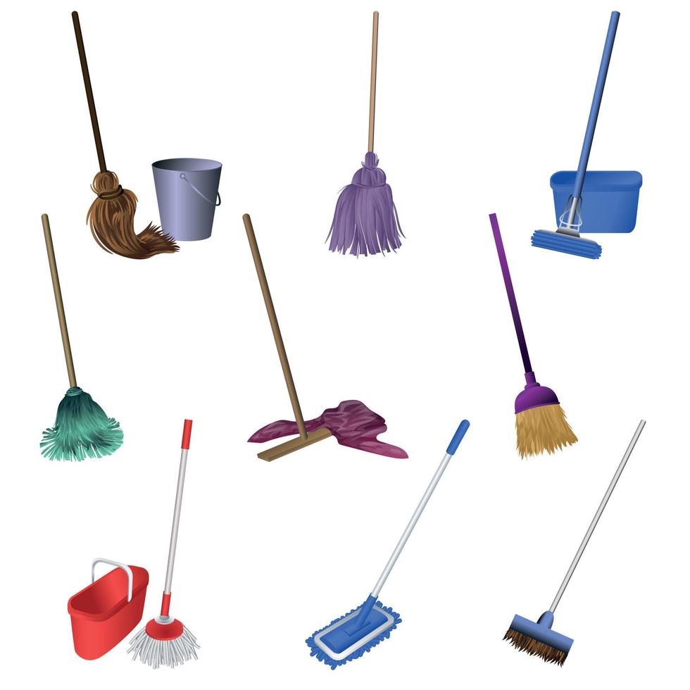 Mop icons set, cartoon style vector