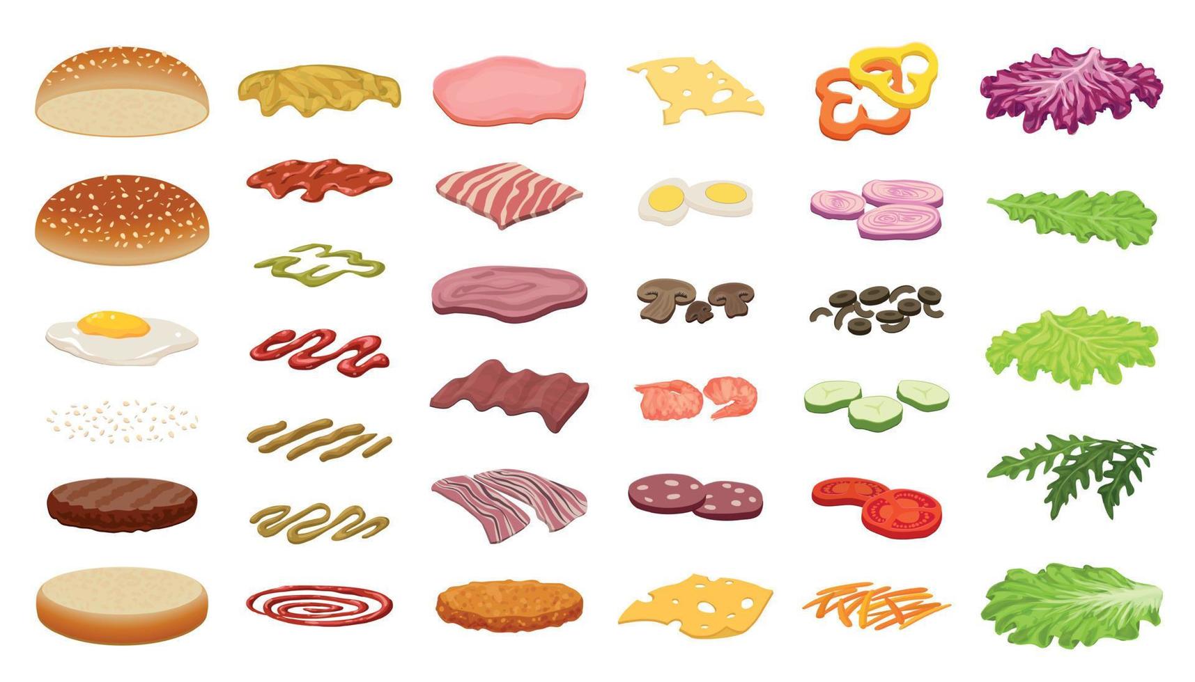 Burger icons set, cartoon style vector