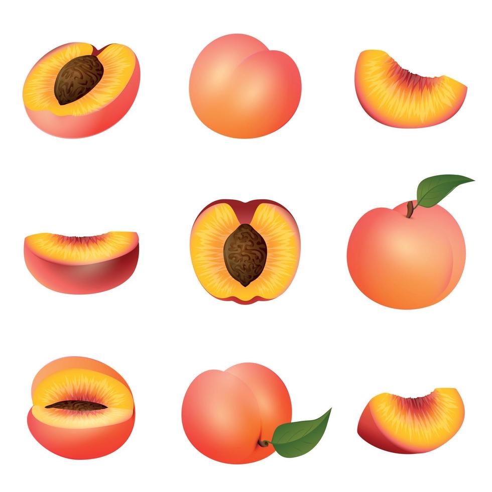 Peach icons set, cartoon style vector