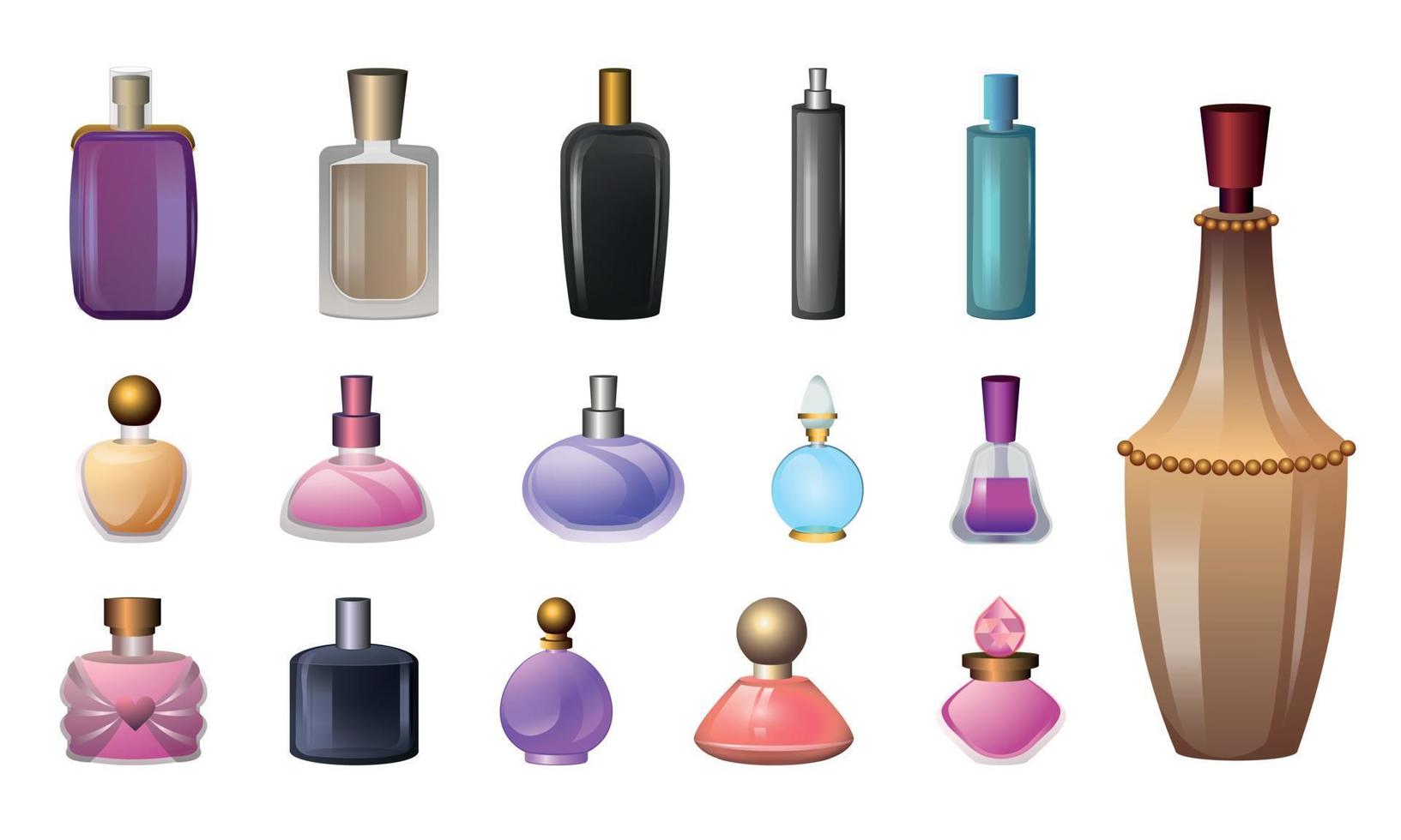 Fragrance bottles icons set, cartoon style vector