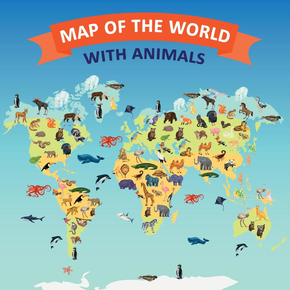 World map animal concept background, cartoon style vector