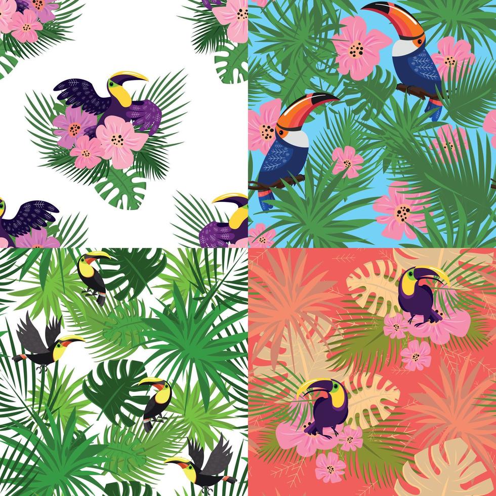 Tropical toucan pattern set, cartoon style vector