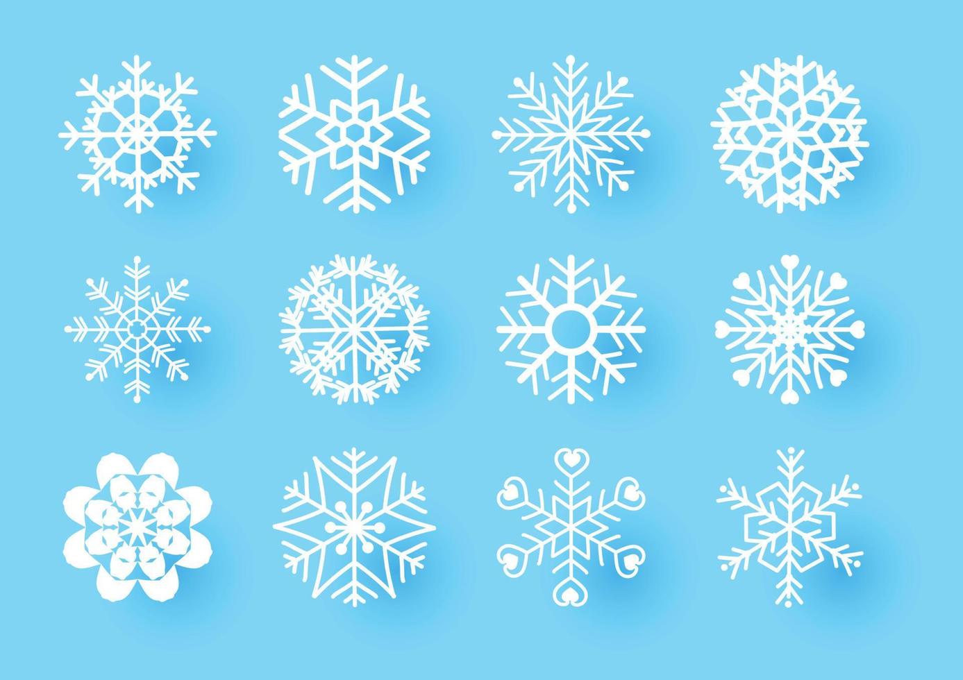 Variety snowflakes with shadow on blue background. vector