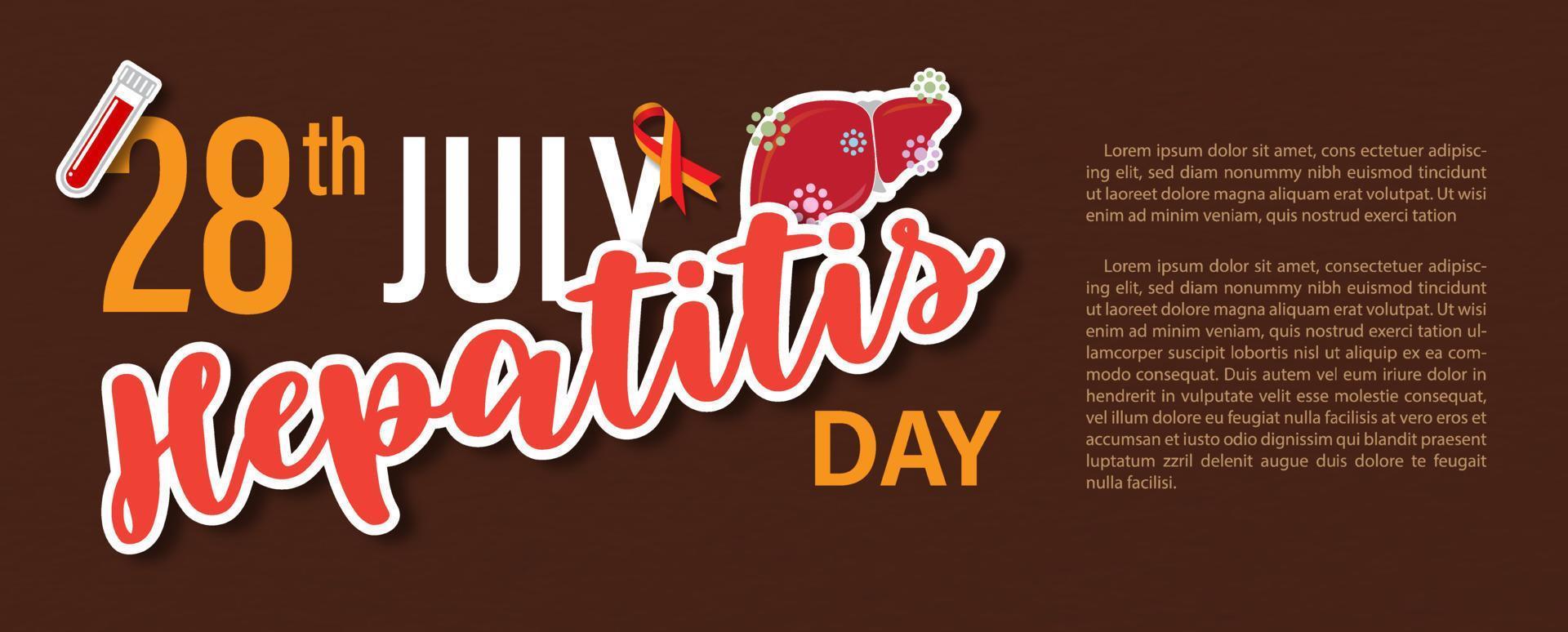 redacción del día mundial de la hepatitis con tubo de sangre e hígado humano, textos de ejemplo aislados sobre fondo marrón. campaña de afiches en el diseño de vectores de banner.