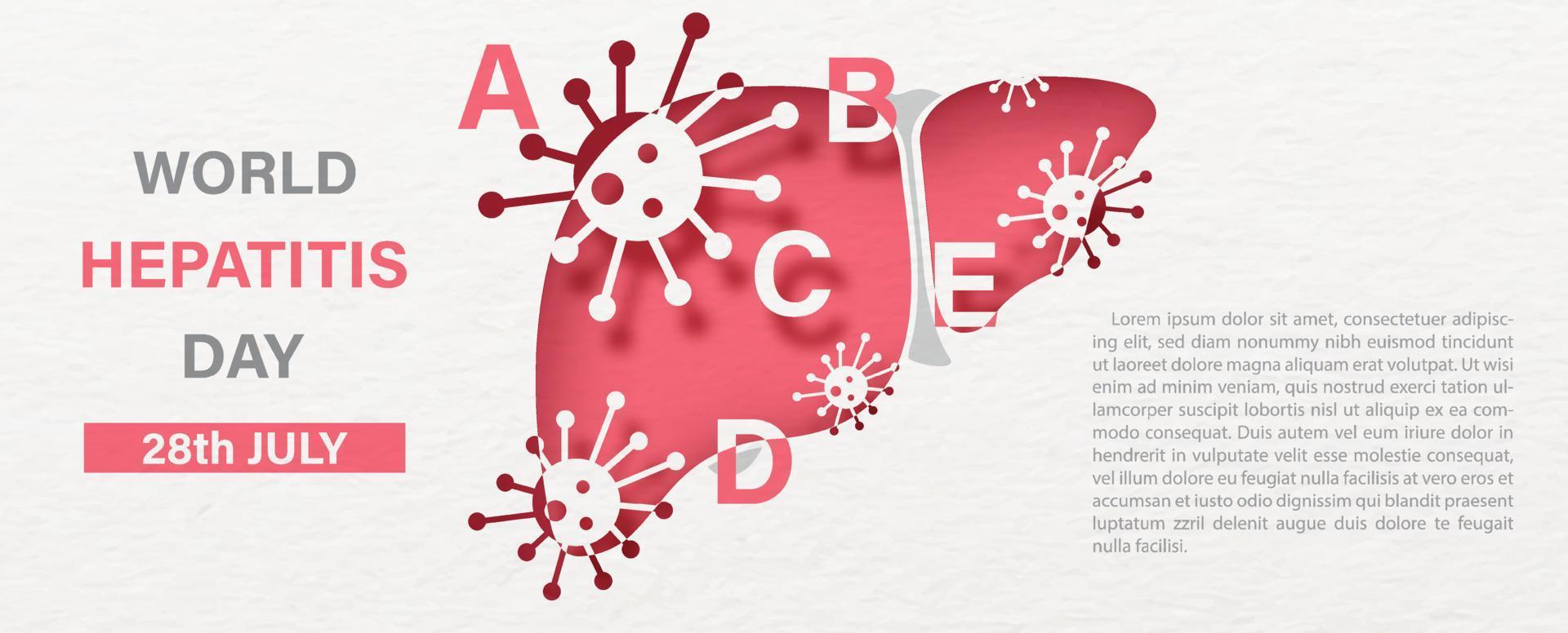 Hepatitis virus on the human liver and wording of World Hepatitis Day, example texts on white paper pattern background. Poster's campaign in paper cut style and banner vector design.
