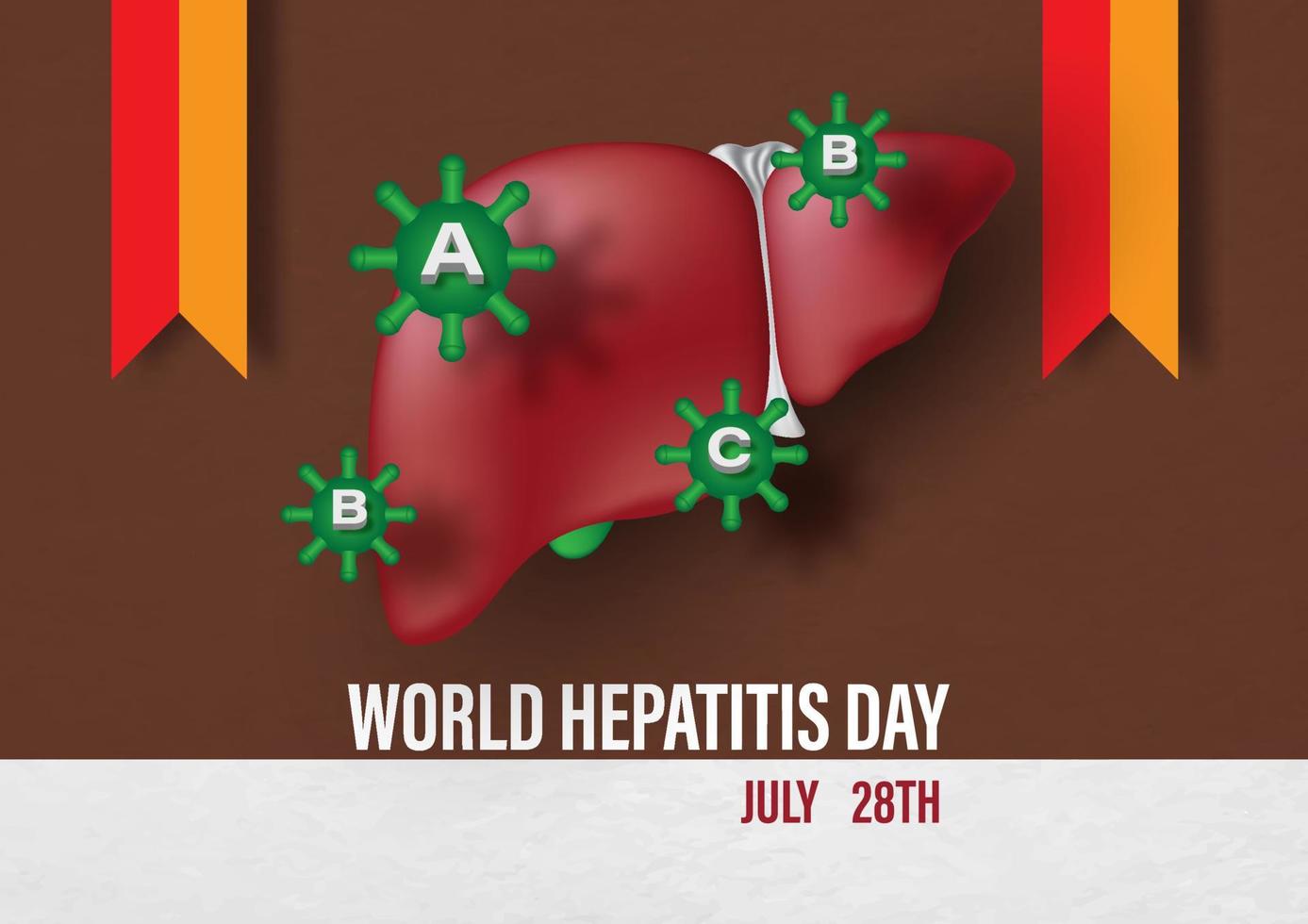 símbolo del virus de la hepatitis en el hígado humano con cintas de campaña y texto del día mundial de la hepatitis aislado en papel marrón y blanco. vector
