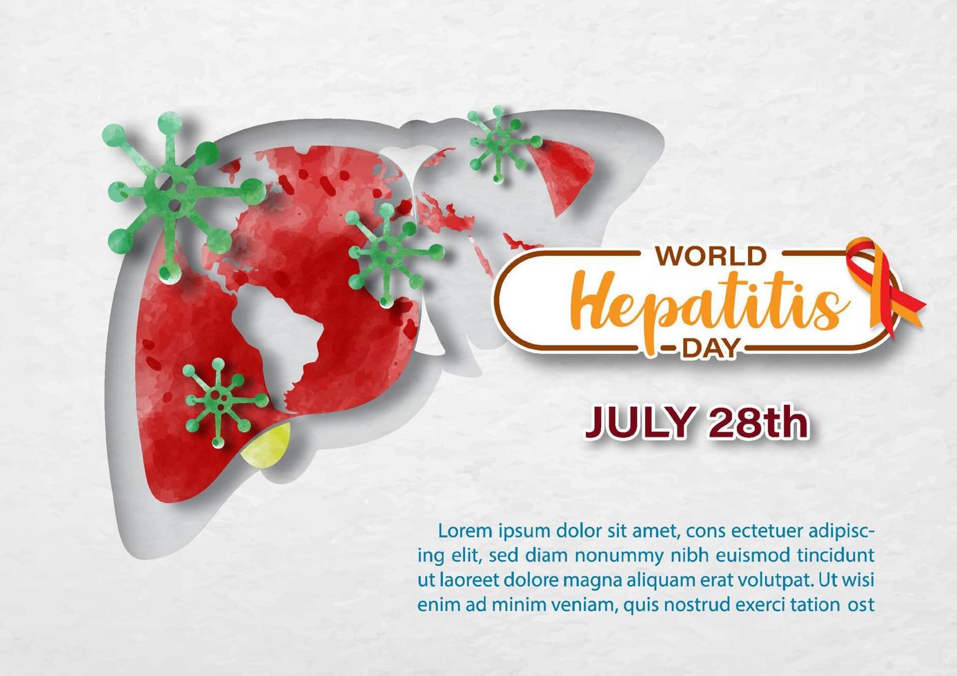 Human liver with world map cut out and symbol of virus and wording of World Hepatitis Day banner on white paper pattern background. Poster campaign in watercolor and paper cut style with vector design