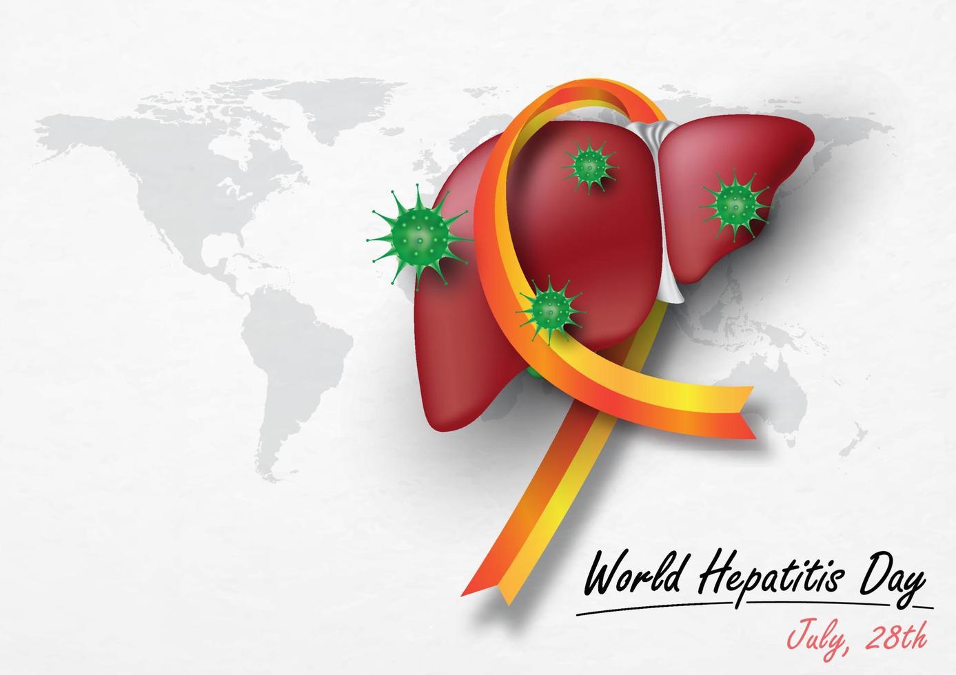 Human liver with symbols of virus in a campaign ribbon and wording of World Hepatitis Day, on world map and white background. Poster's campaign in 3d style and vector design.