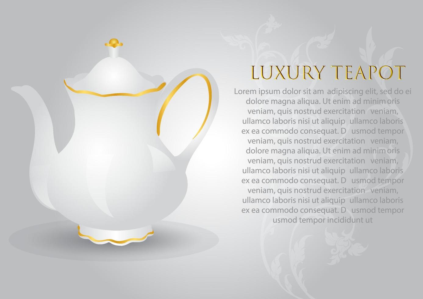 Luxury and vintage white ceramic tea pot with example texts on Thai art pattern and white gradient background. vector