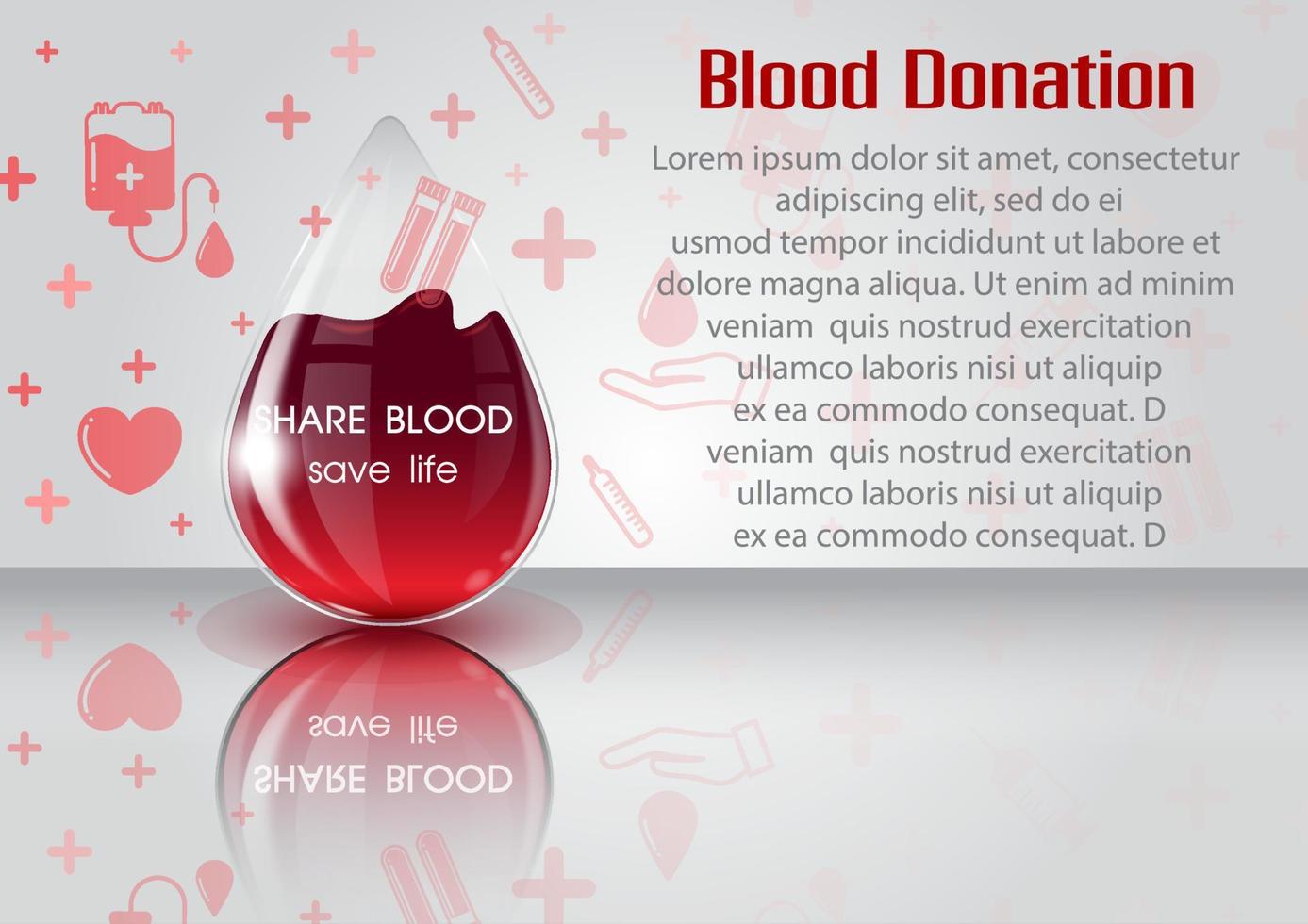 Giant bloods droplet in glass design put on glossy floor with reflection and example Lorem Ipsum texts front of medical icon and gray background. All in vector design.