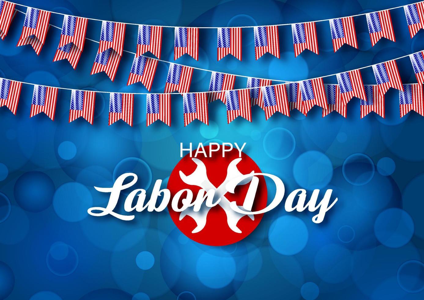 Happy Labor Day lettering on symbol of industry tools with the small U.S.A flag hang on blue blurred and bokeh background. Card and poster of the U.S Labor Day in vector design.