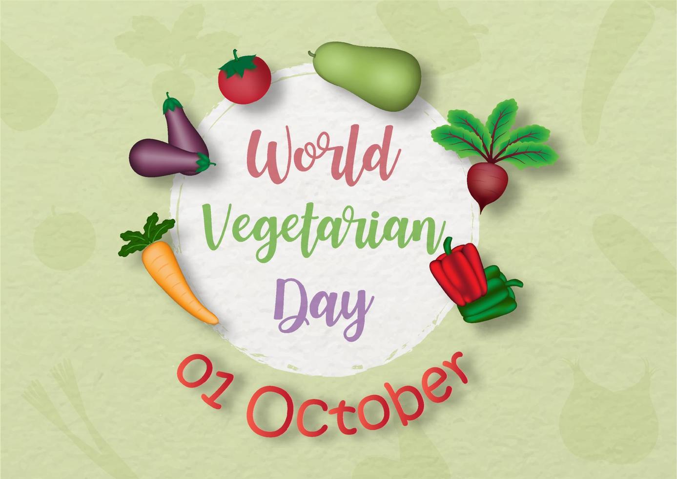 Variety of vegetables with the day and name of event on white circle and light green with paper pattern background. Card and poster of World Vegetarian Day campaign in vector design.