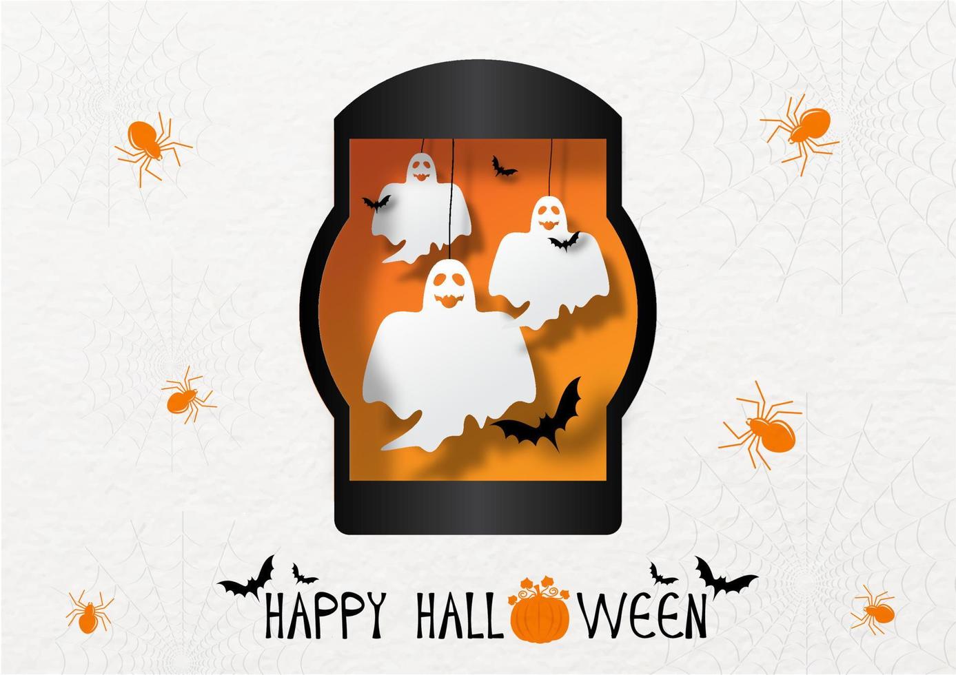 fantasmas de halloween en una linterna negra con murciélagos voladores y arañas naranjas con diseño de letras de feliz halloween en el fondo del patrón de papel. tarjeta de halloween en estilo de corte de papel. vector