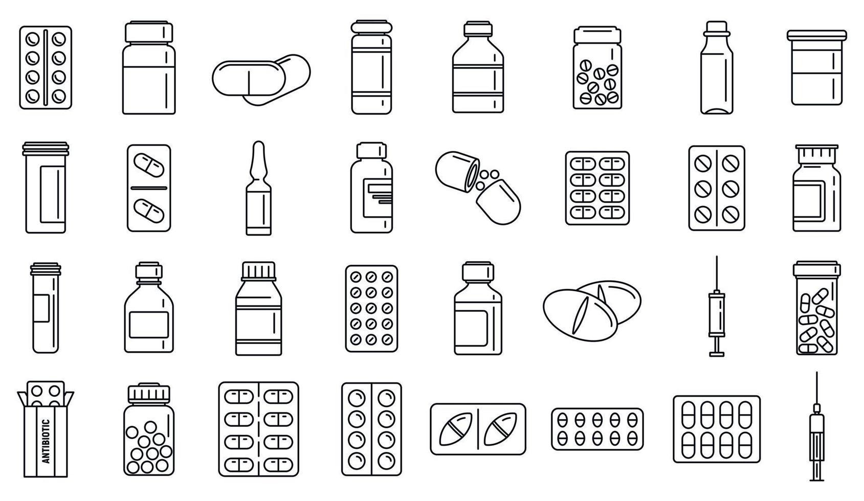 Antibiotic drug icons set, outline style vector
