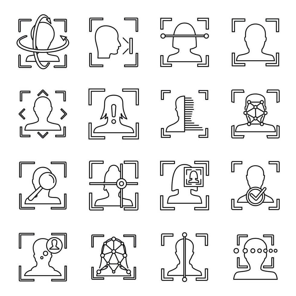 Face identification icons set, outline style vector