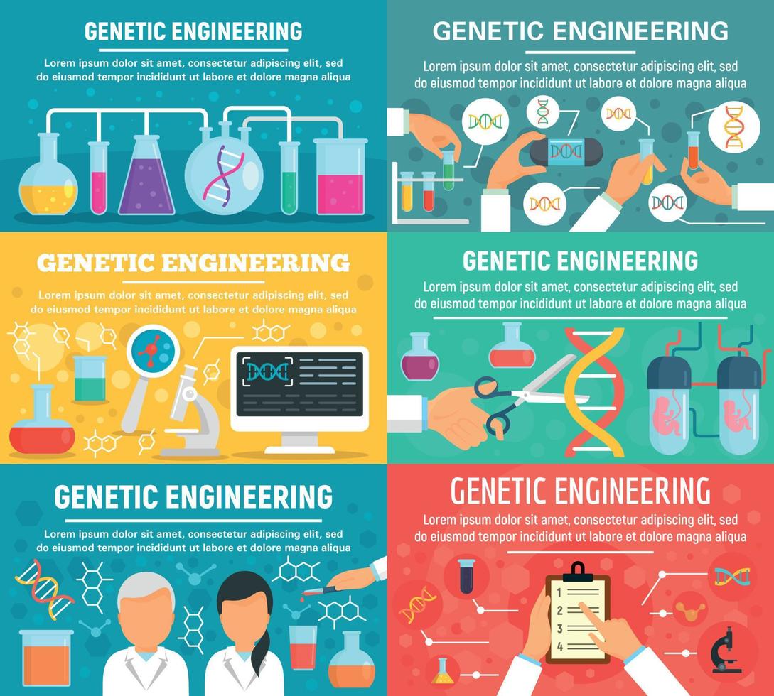 conjunto de banners de ingeniería genética, estilo plano vector