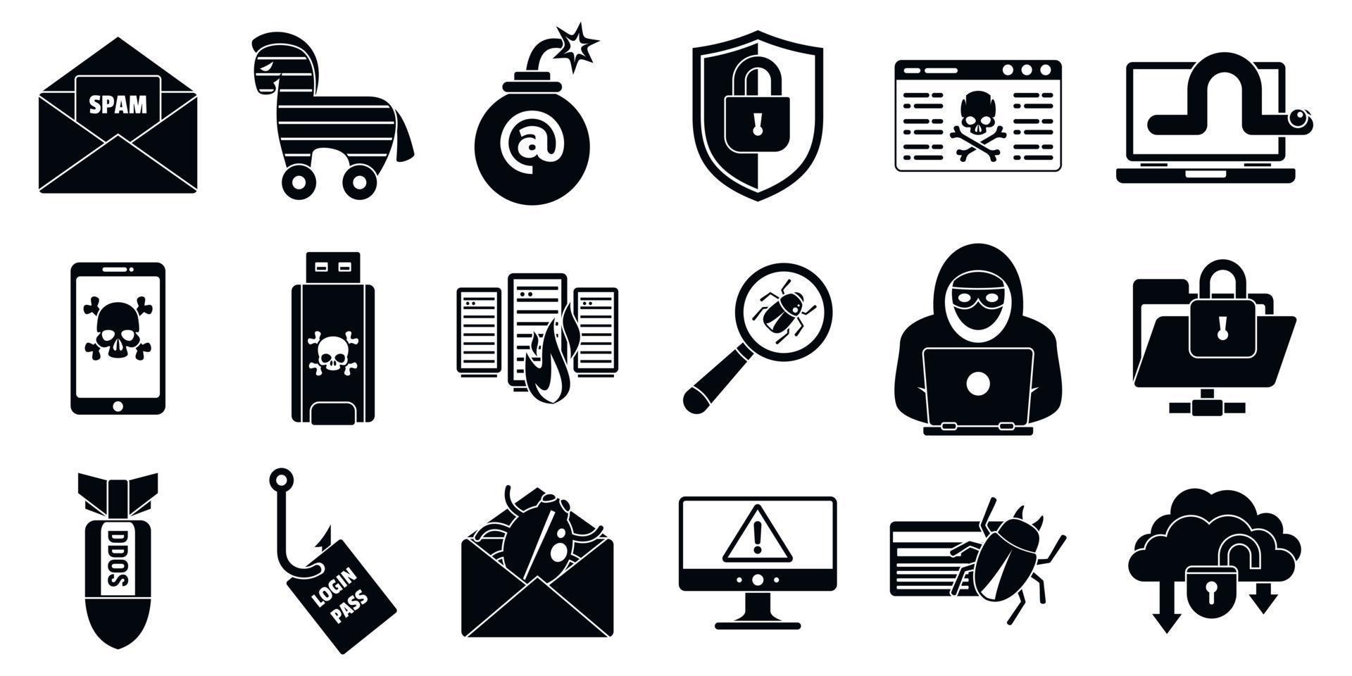 Cyber attack virus icons set, simple style vector