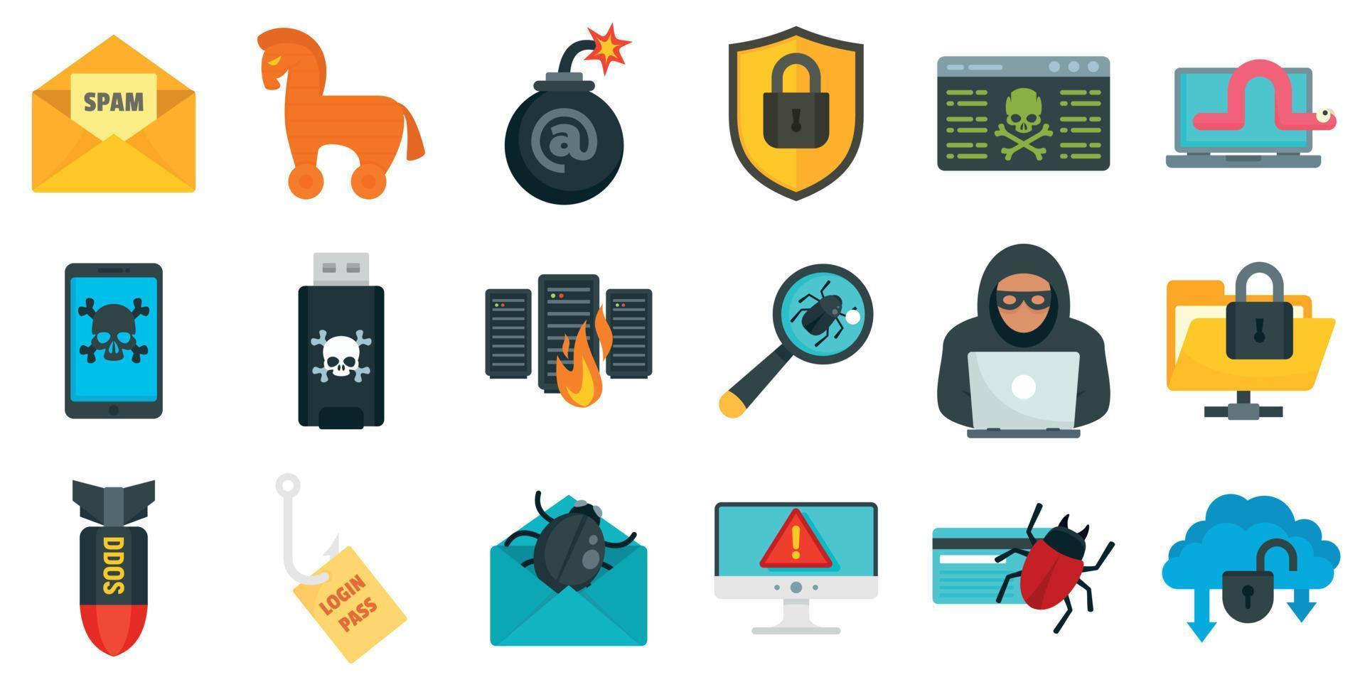 Cyber attack icons set, flat style vector