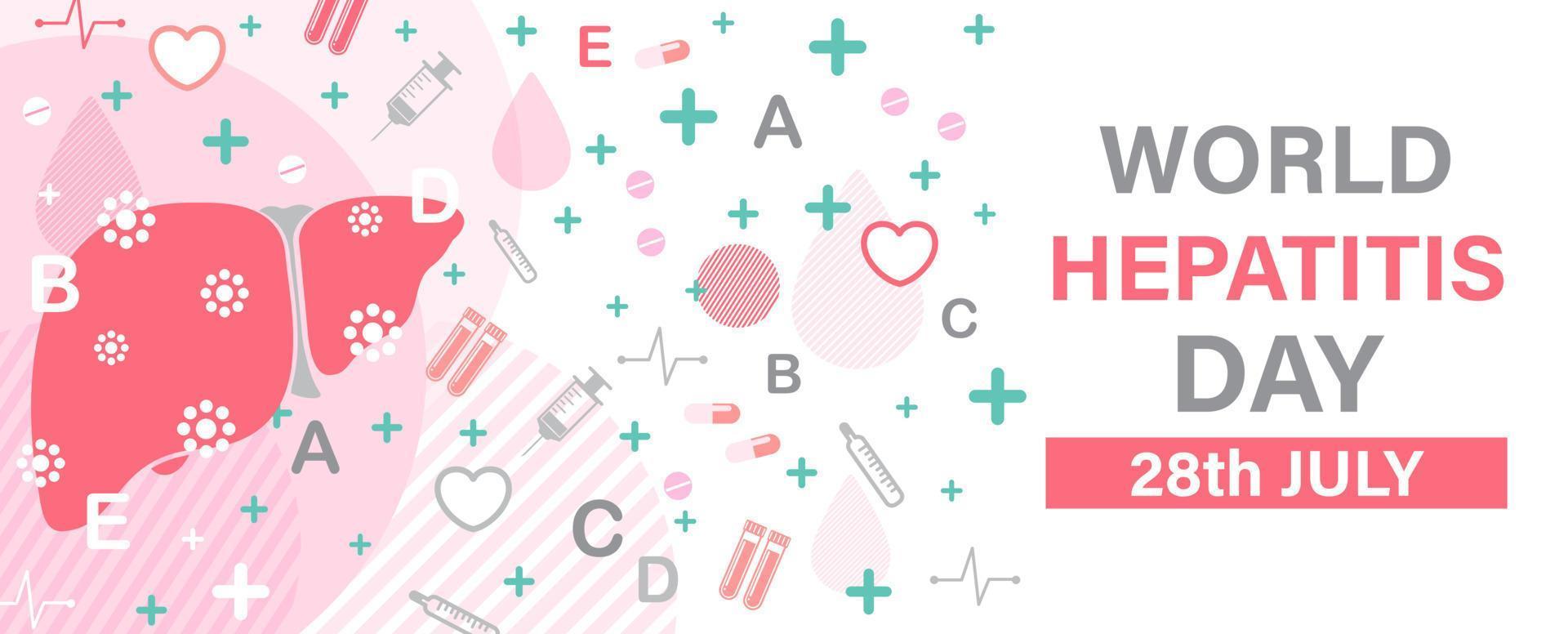 Medical icon and human liver with wording of World Hepatitis Day, on white background. Poster campaign in icon flat style and banner vector design.