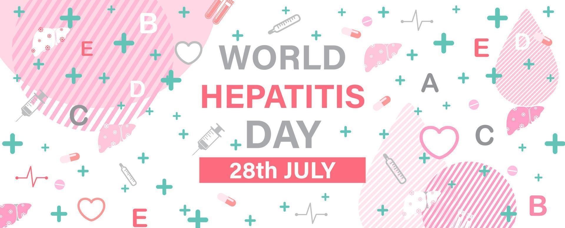 icono médico e hígado humano con la redacción del día mundial de la hepatitis, sobre fondo blanco. campaña de afiches en estilo plano de icono y diseño de vector de banner.